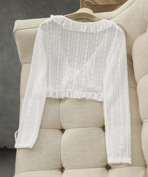 レースボレロカーディガン シアートップス レディース 花柄フリルカーディガン フェミニン 日焼け防止 冷房対策 フロントリボンサマーカーディガン ショート丈春夏服 84WANJIA-017